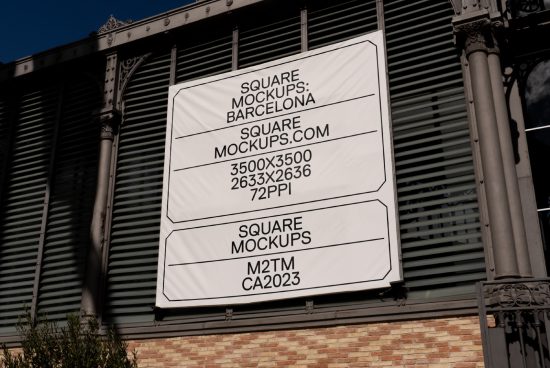 Outdoor advertising mockup banner with text and resolution details displayed on a building facade, perfect for graphic design presentations.